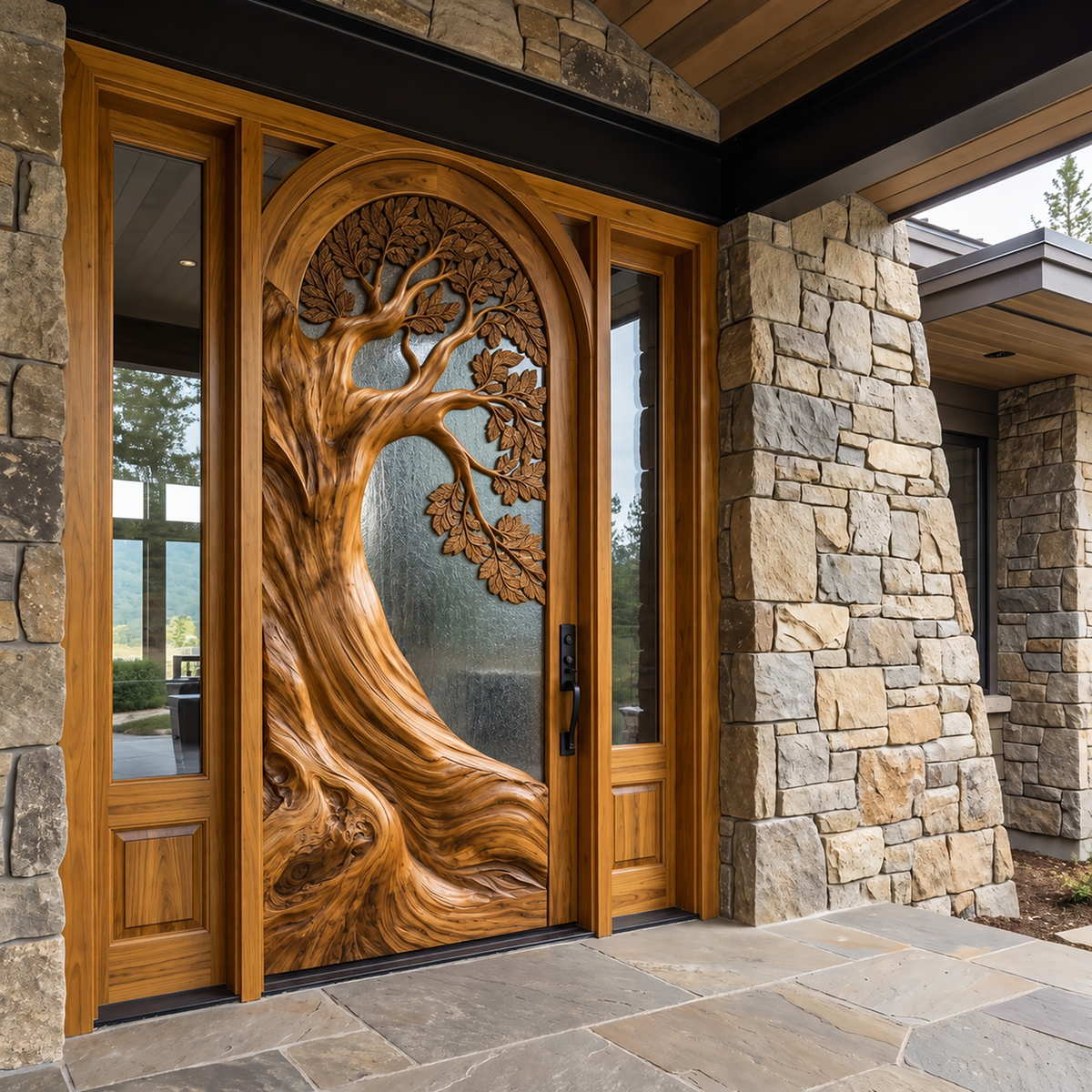 Carved Tree Relief Solid Wood Arched Door with Textured Glass in Teak finish