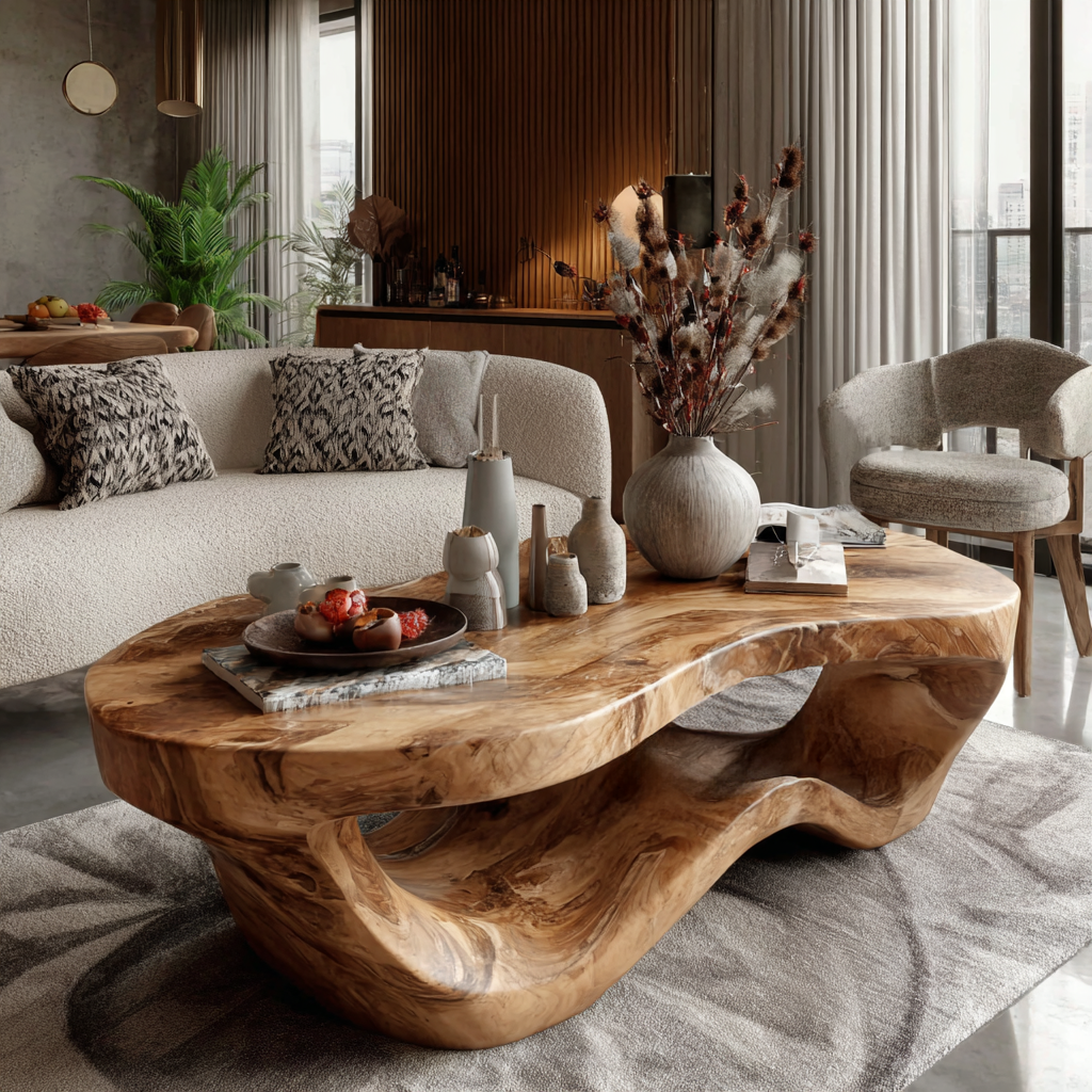 Sculpted Solid Hardwood Coffee Table with Wave-Like Base