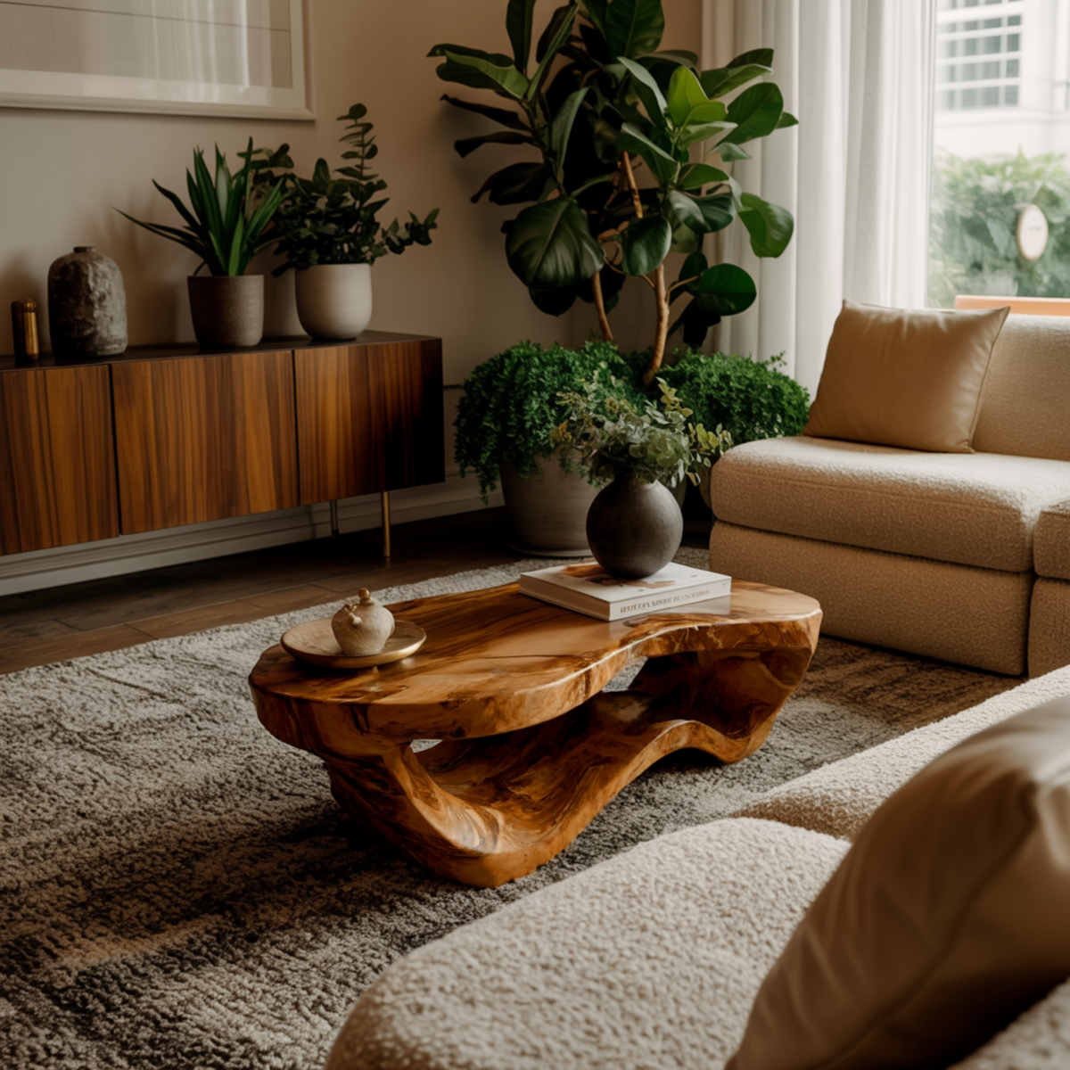 Sculpted Solid Hardwood Coffee Table with Wave-Like Base - view 3