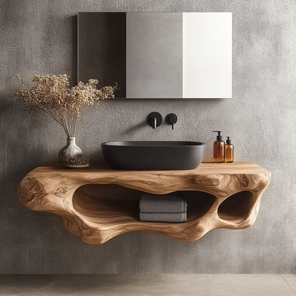 Sculpted Solid Wood Floating Vanity with Open Storage Cavities