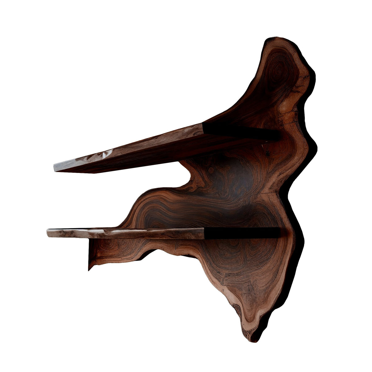 Live Edge Solid Wood Floating Wine Shelf with Sculpted Back Panel in Dark Walnut finish