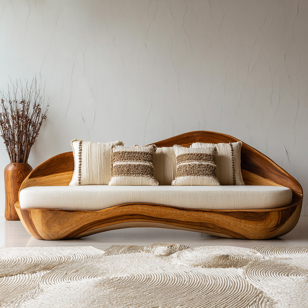 Solid Wood Live Edge Sofa with Wave-Inspired Frame and Cushions