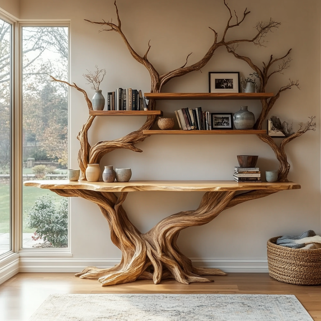 Tree Trunk Sculpted Solid Wood Console Table with Display Shelves