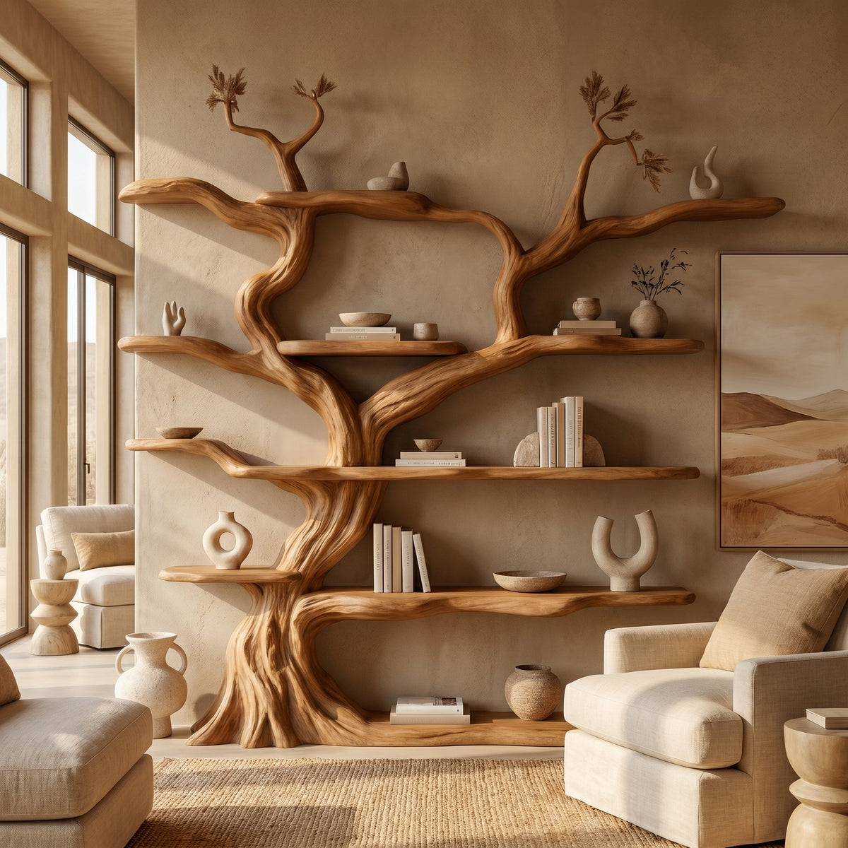 Sculpted Solid Wood Tree Bookshelf with Wall-Spanning Branch Shelves in Brown finish