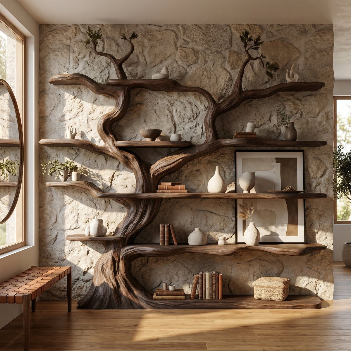 Sculpted Solid Wood Tree Bookshelf with Wall-Spanning Branch Shelves in Dark Walnut finish