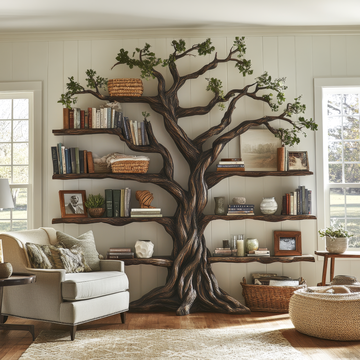 Ancient Tree Solid Hardwood Bookshelf with Bark-Carved Trunk