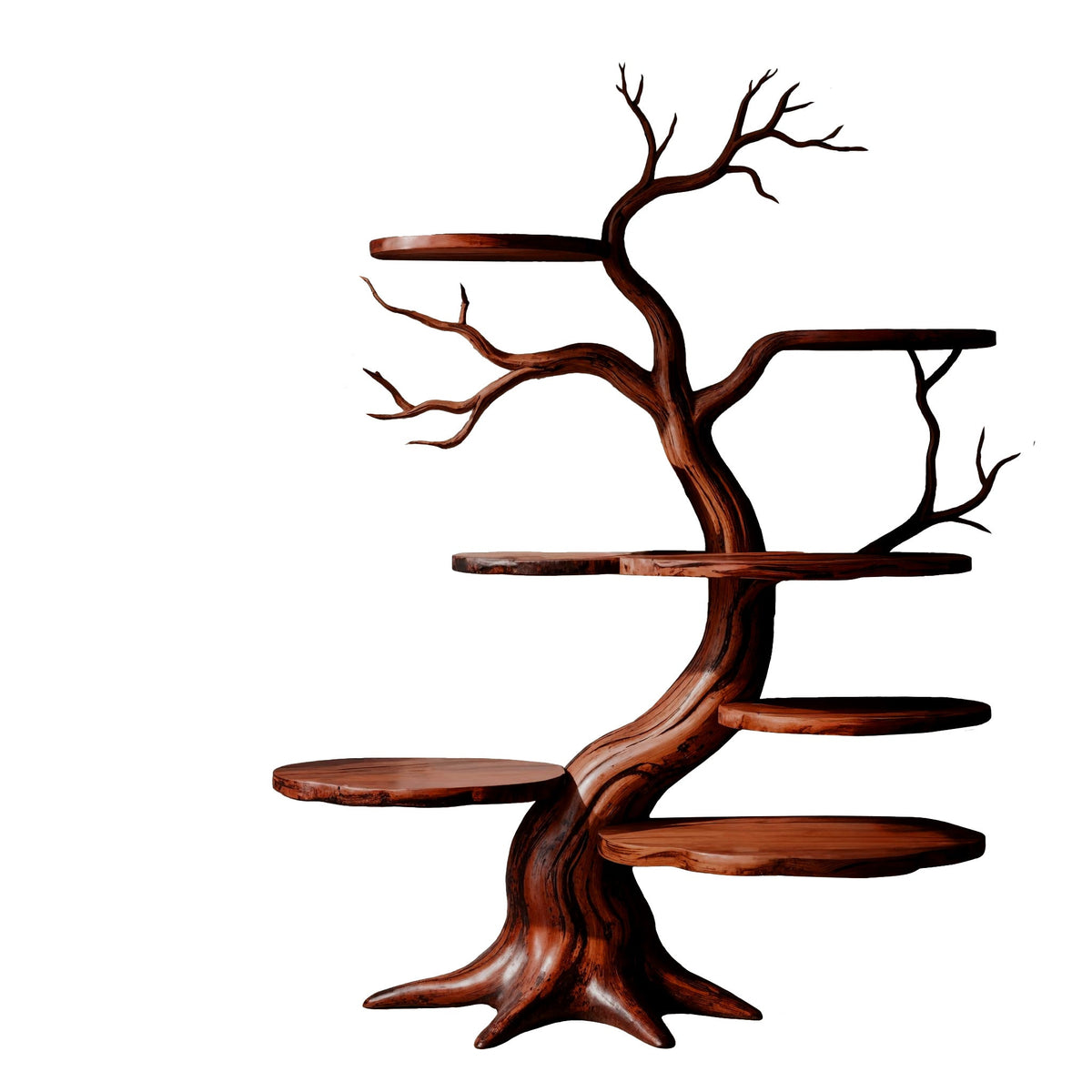 Sculpted Solid Timber Tree Bookshelf with Asymmetrical Shelves in Mahogany finish