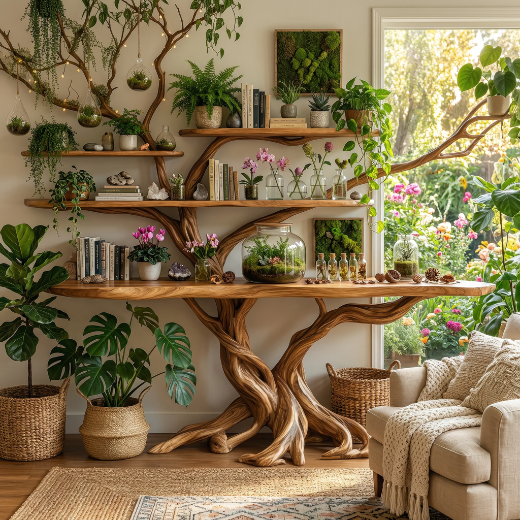Branching Tree Solid Wood Console Table with Multi-Tier Shelves