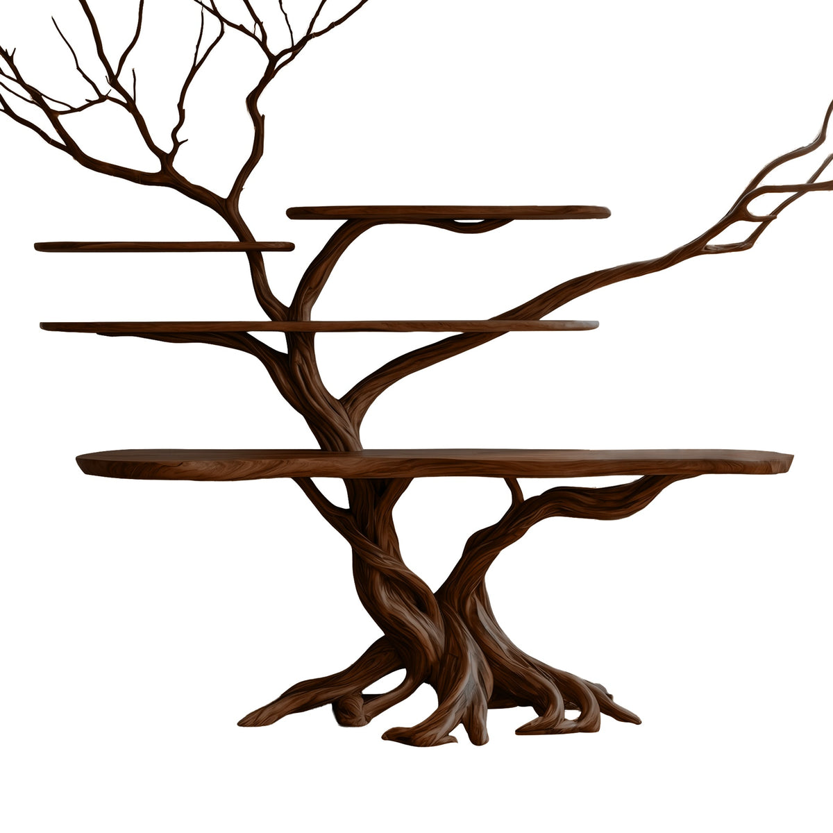 Branching Tree Solid Wood Console Table with Multi-Tier Shelves in Dark Walnut finish