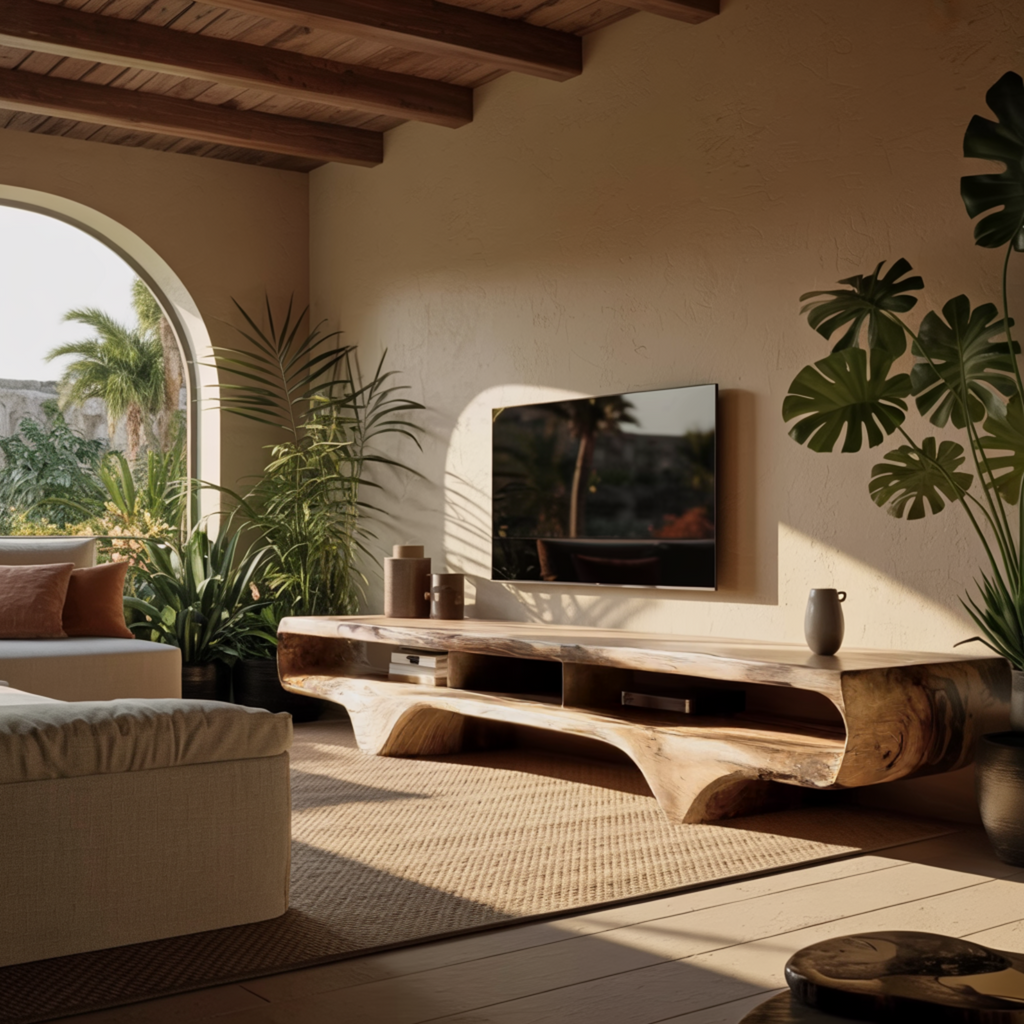 Solid Wood Sculptural TV Console with Wave Profile and Open Shelves - view 3