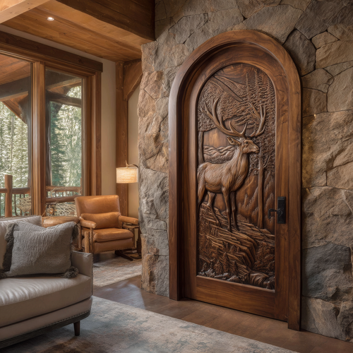 Carved Deer and Mountain Landscape Solid Wood Arched Single Door