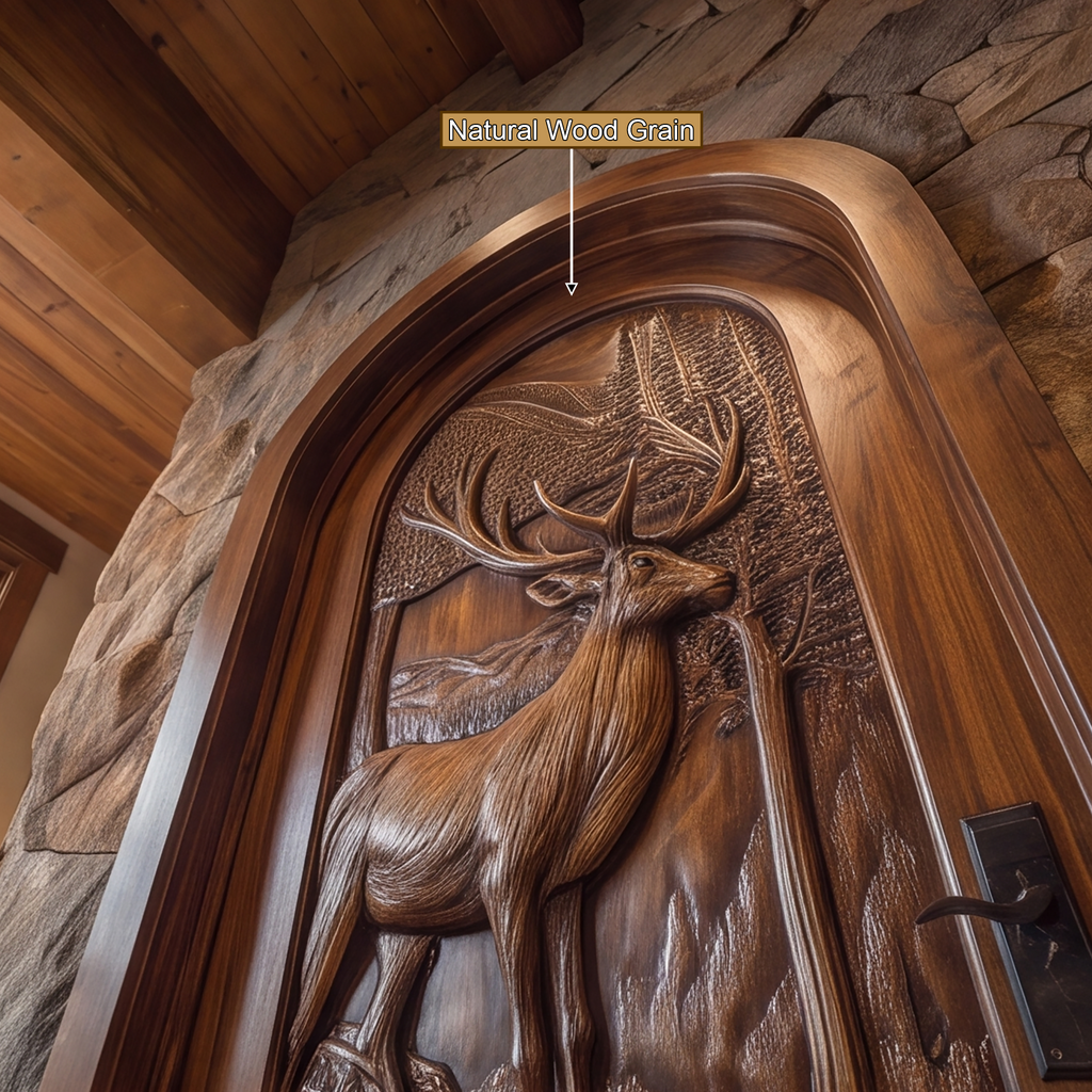 Carved Deer and Mountain Landscape Solid Wood Arched Single Door - view 10