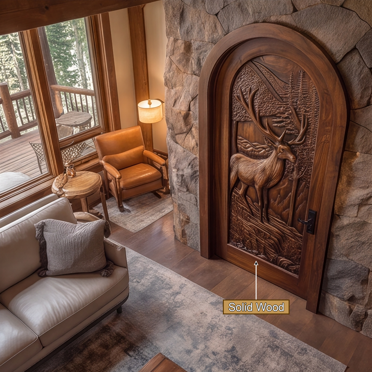 Carved Deer and Mountain Landscape Solid Wood Arched Single Door - view 11