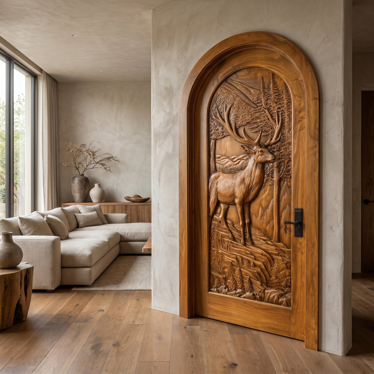 Carved Deer and Mountain Landscape Solid Wood Arched Single Door in Teak finish