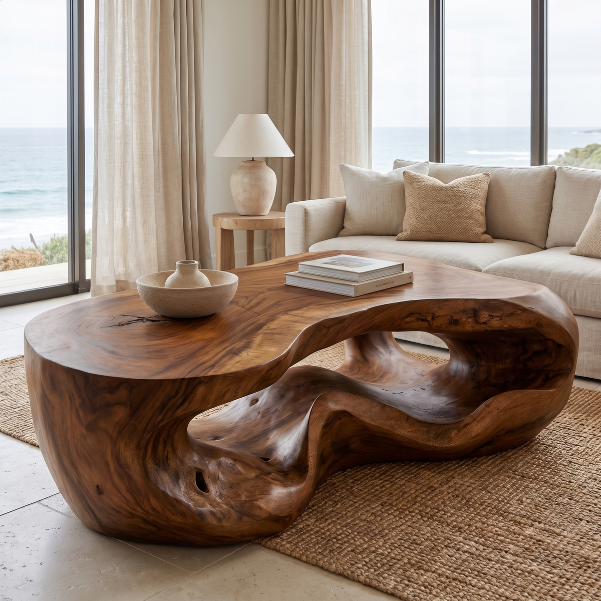 Freeform Sculpted Solid Hardwood Coffee Table with Carved Base in Brown finish