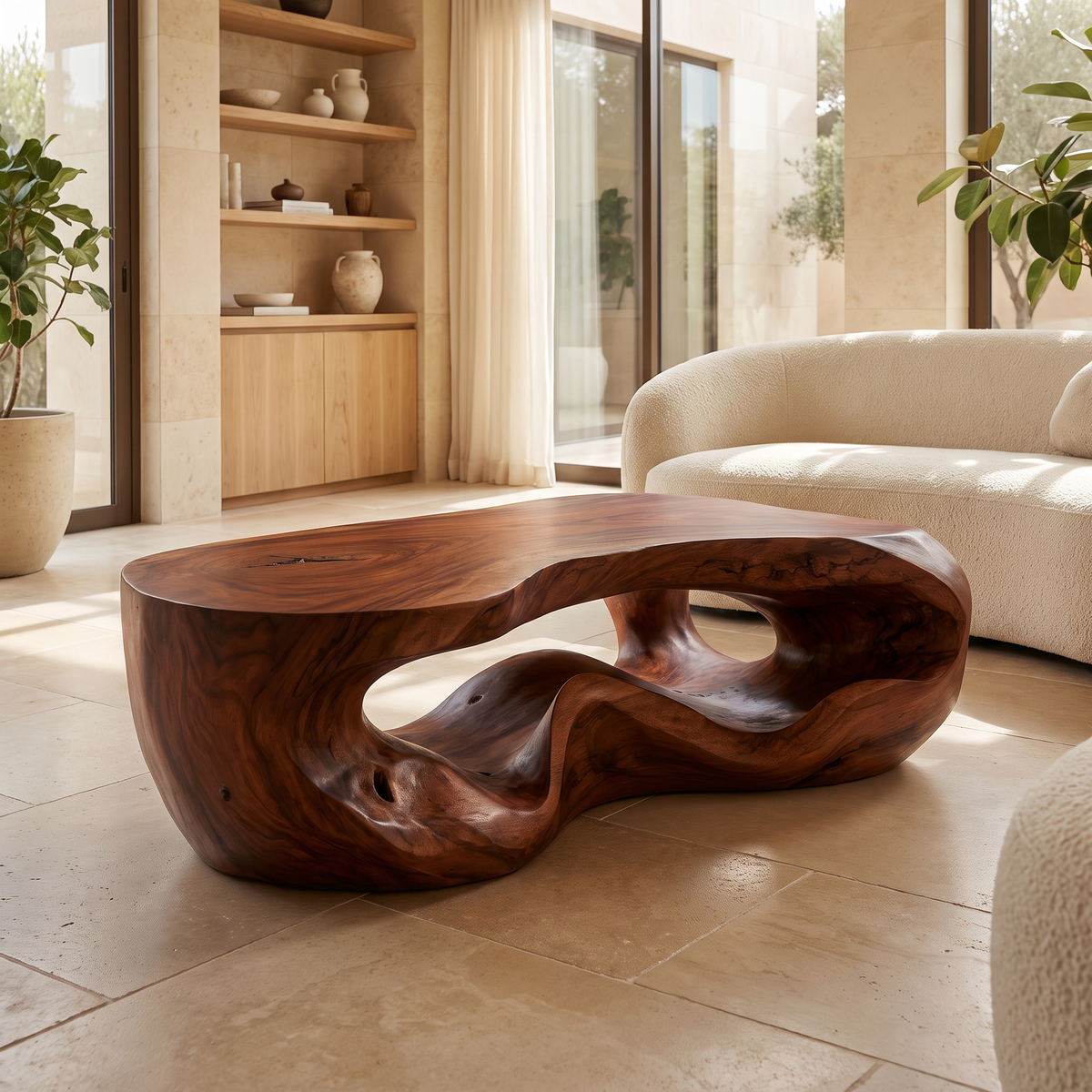 Freeform Sculpted Solid Hardwood Coffee Table with Carved Base in Mahogany finish