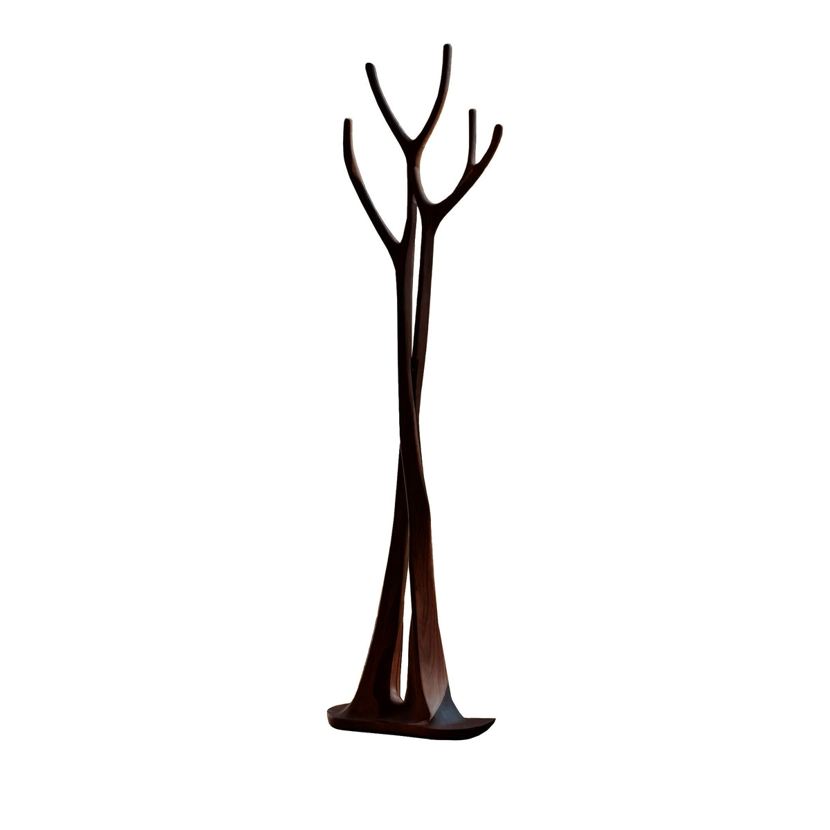 Sculpted Solid Wood Freestanding Tree Coat Rack with Curved Branches in Dark Walnut finish
