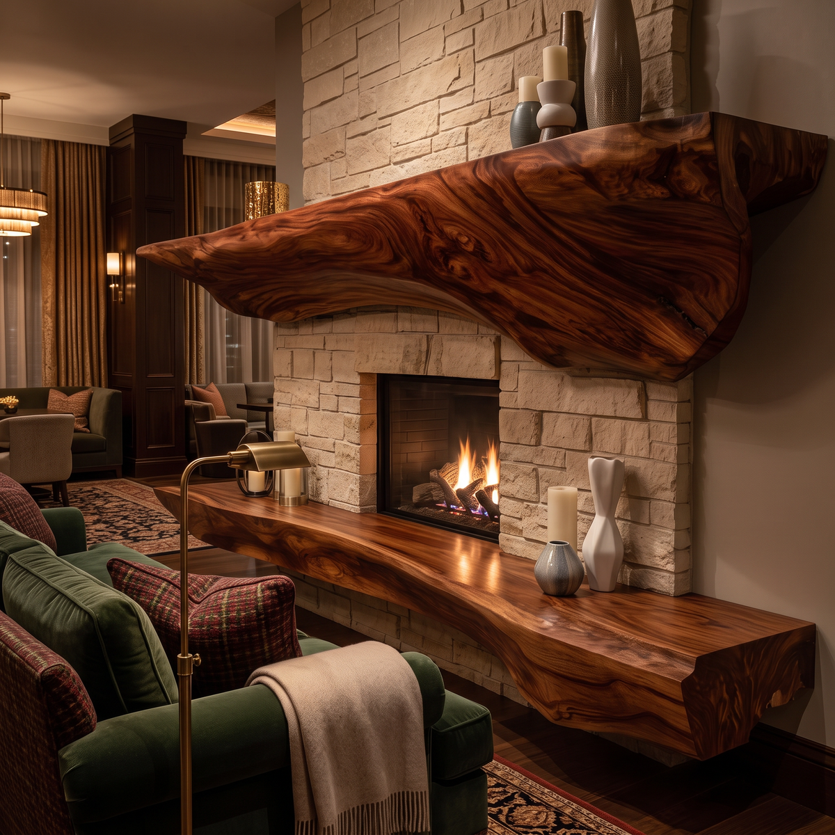 Sculpted Solid Hardwood Floating Fireplace Mantel Shelf in Mahogany finish
