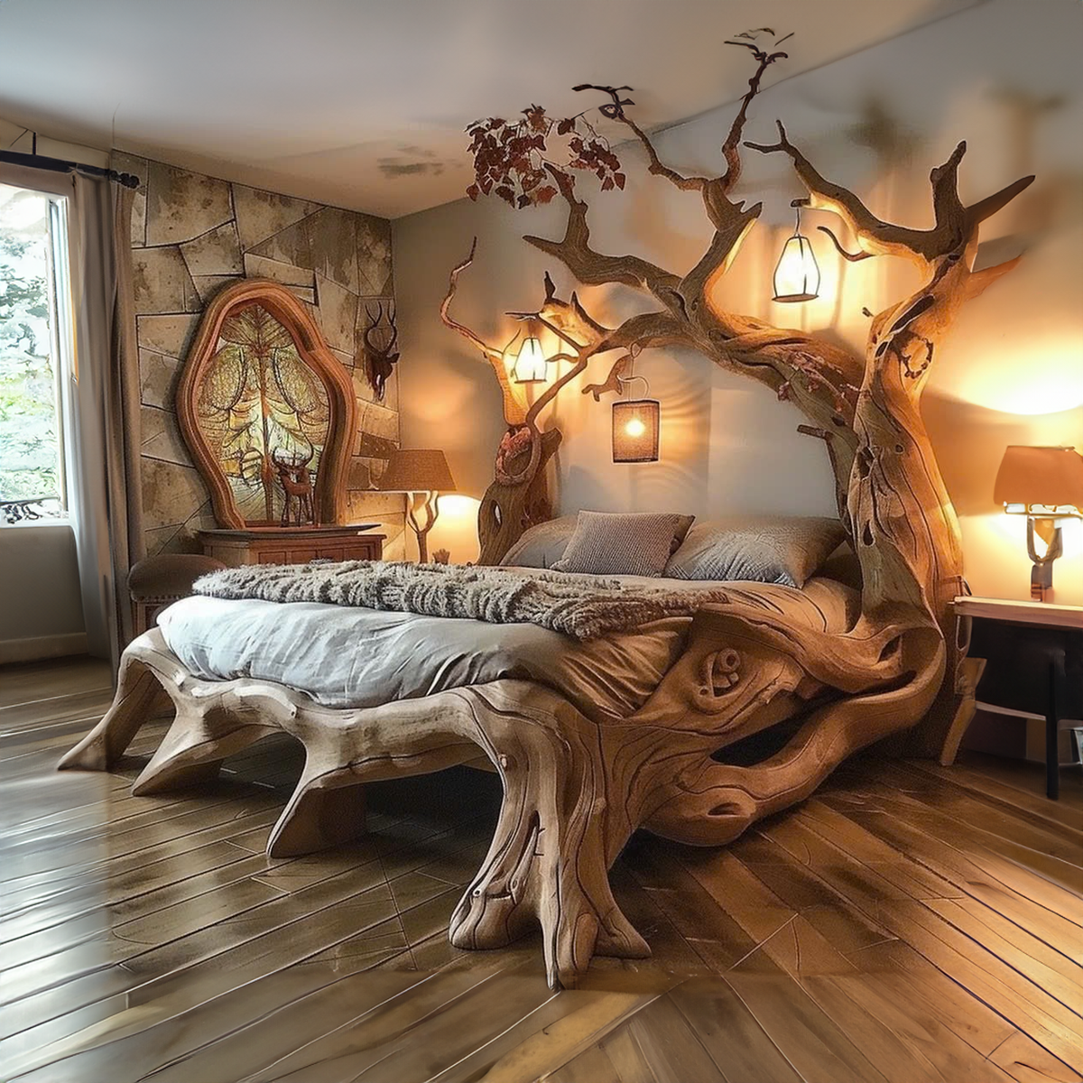 Rustic Solid Wood Bed Frame with Curved Lines, Queen or King