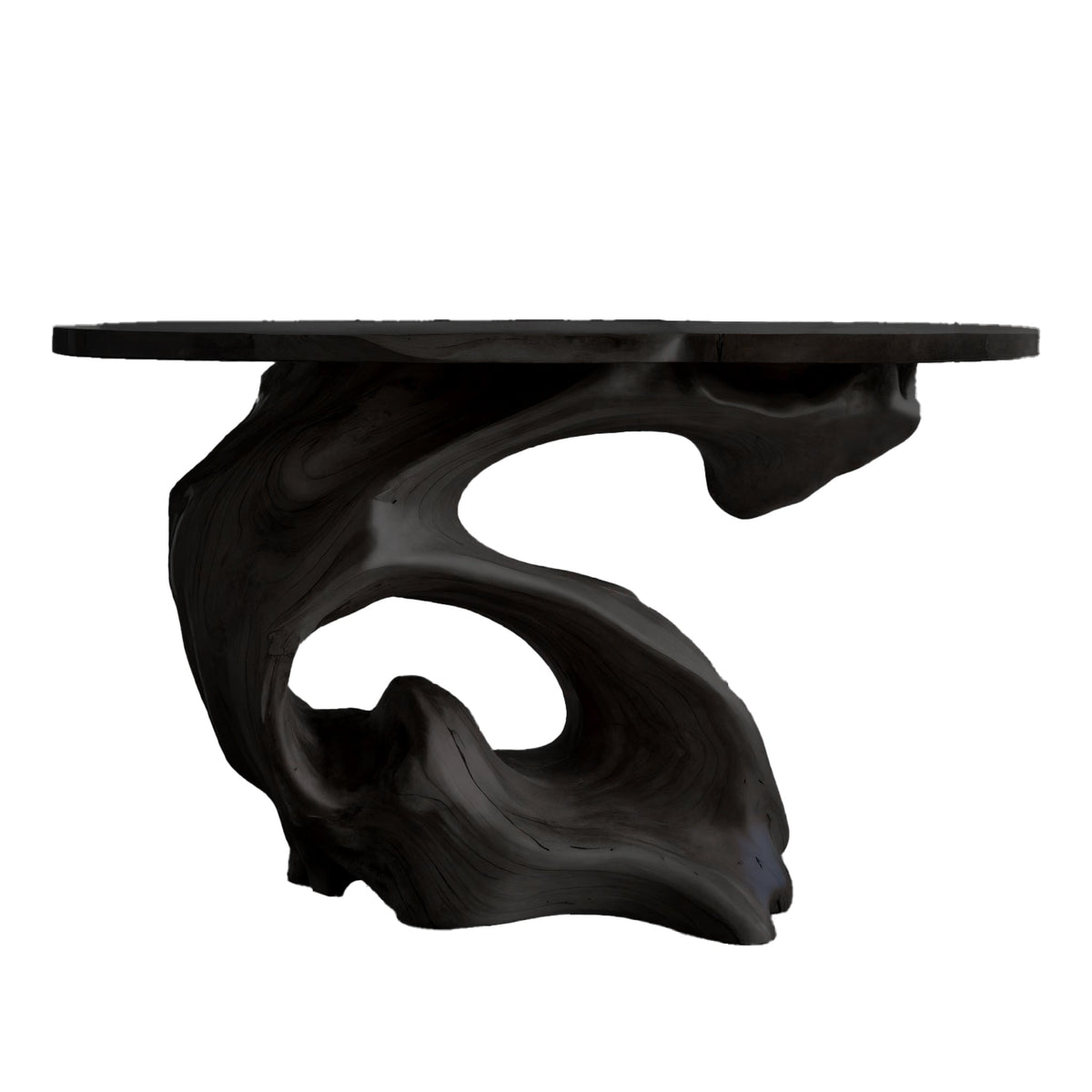 Live Edge Slab Console Table with Sculptural Solid Wood Base in Black finish