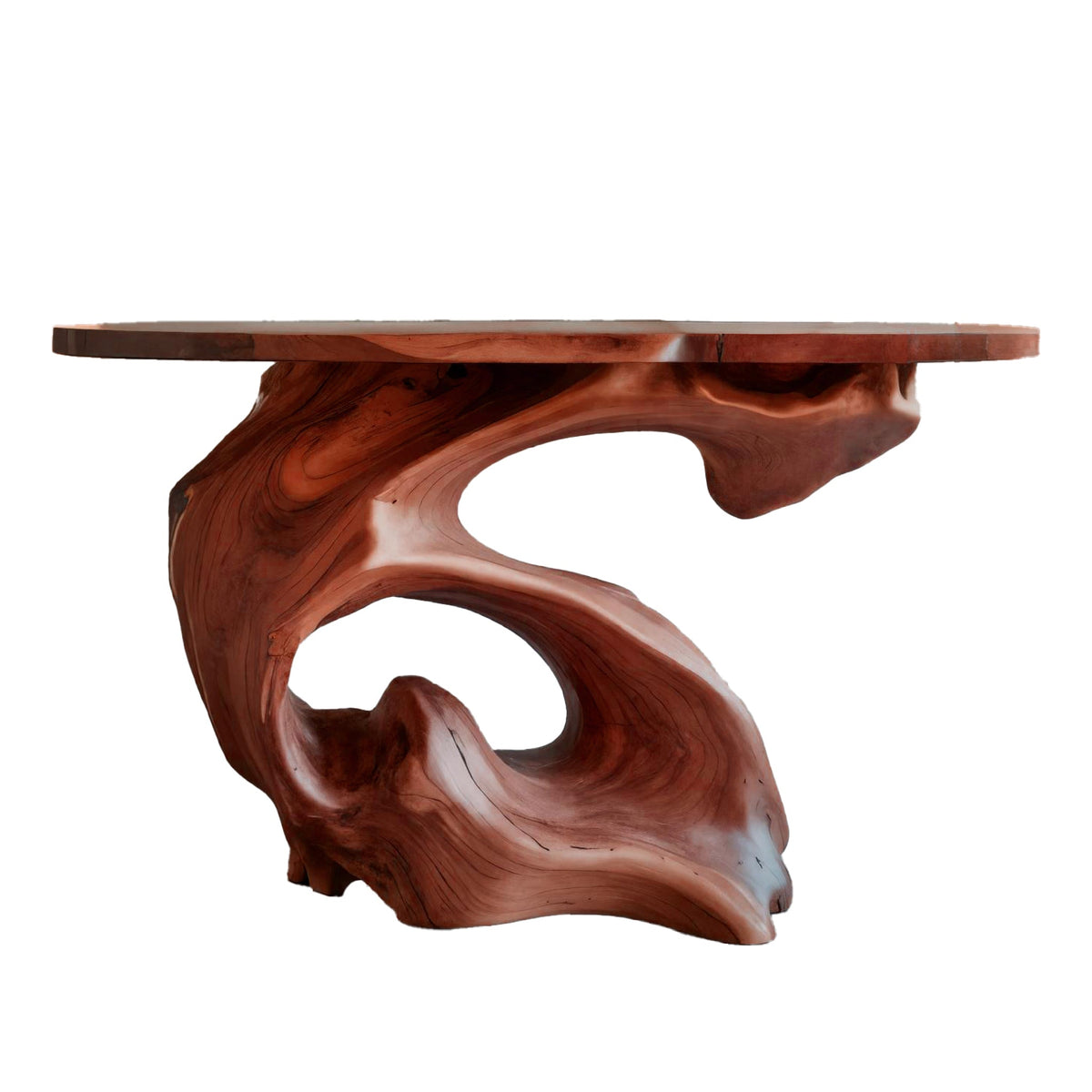 Live Edge Slab Console Table with Sculptural Solid Wood Base in Mahogany finish