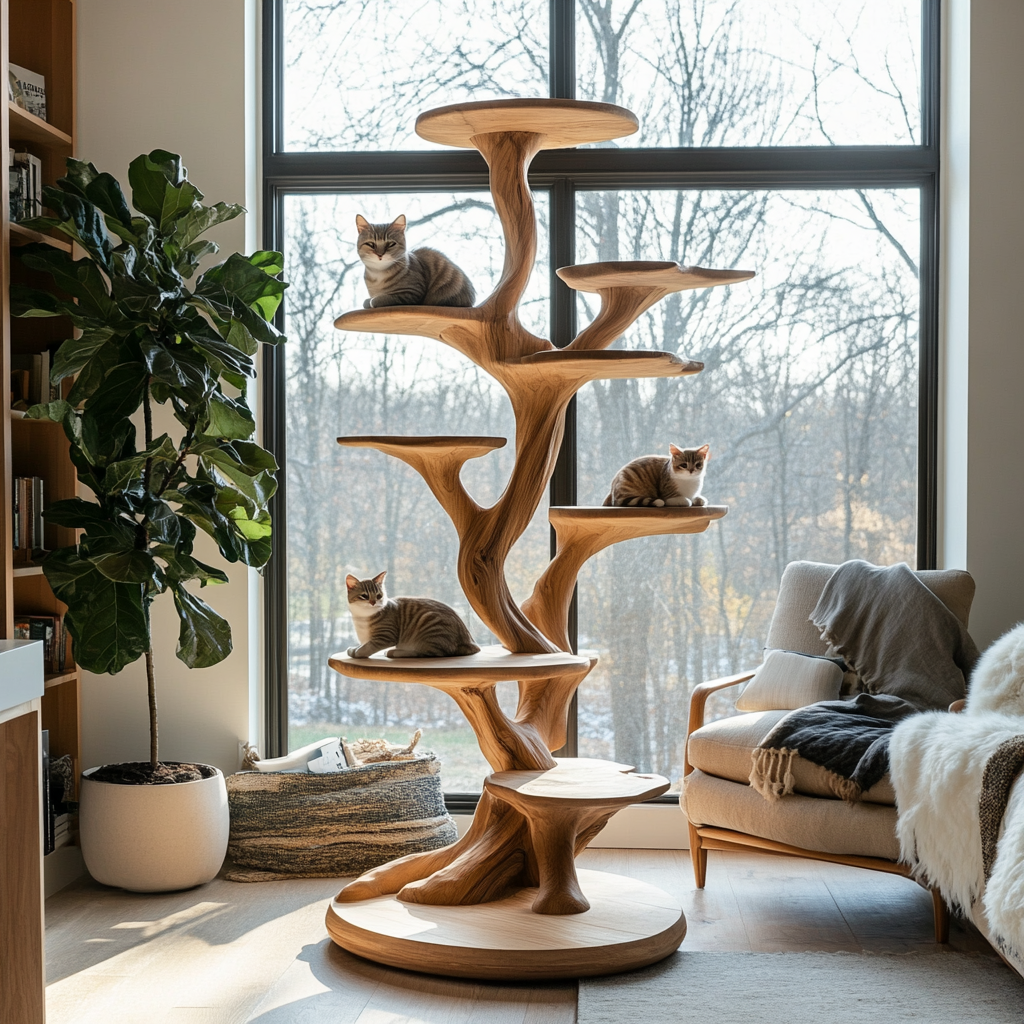 Sculpted Solid Wood Tree-Inspired Cat Tree with Staggered Platforms