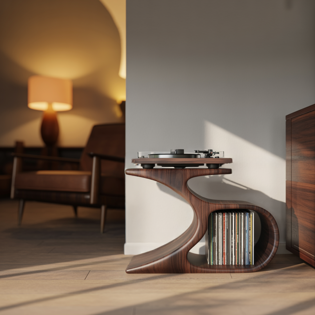 Sculpted Solid Wood Record Player Stand with Curved Vinyl Storage - view 4