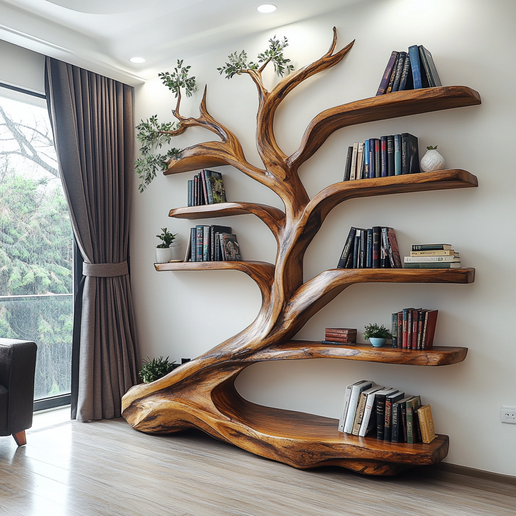 Leaning Tree Live Edge Solid Wood Bookshelf, Floor Standing