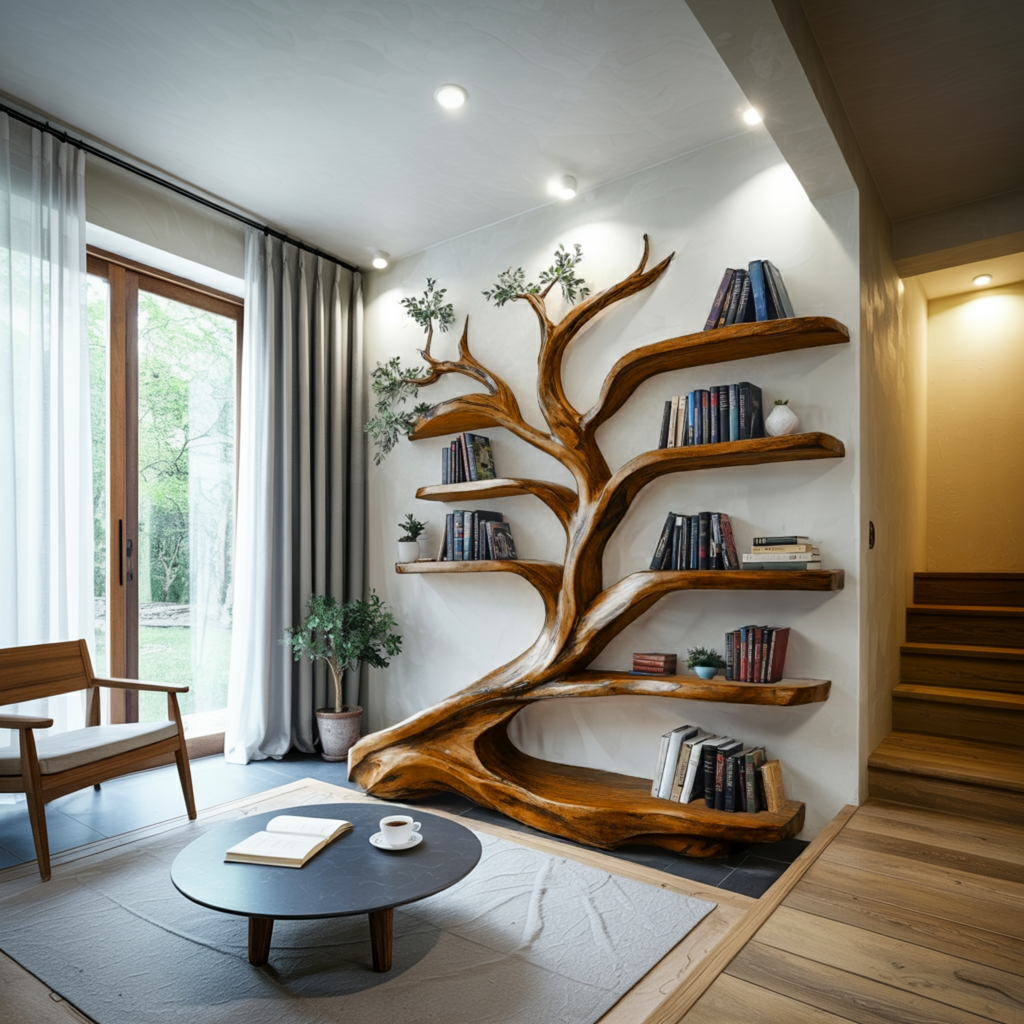 Leaning Tree Live Edge Solid Wood Bookshelf, Floor Standing - view 2