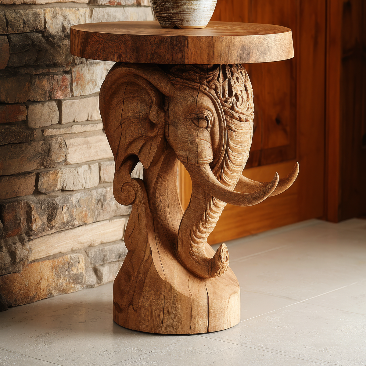 Elephant Carved Solid Hardwood Pedestal Stand with Round Top