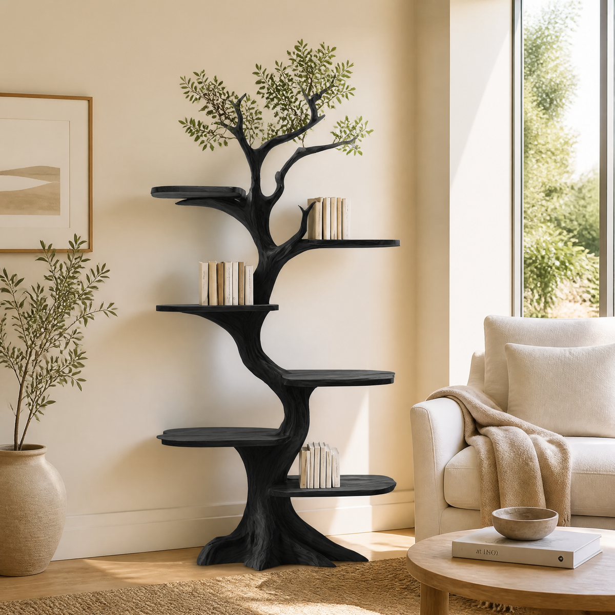 Tall Solid Hardwood Tree Bookshelf with Branch Display Shelves in Black finish