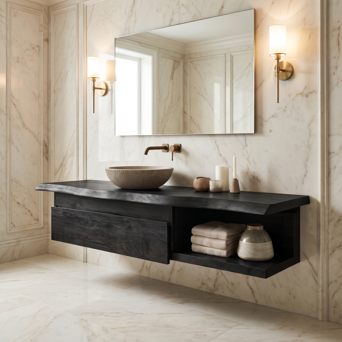 Floating Live Edge Hardwood Vanity with Drawers and Open Shelf in Black finish