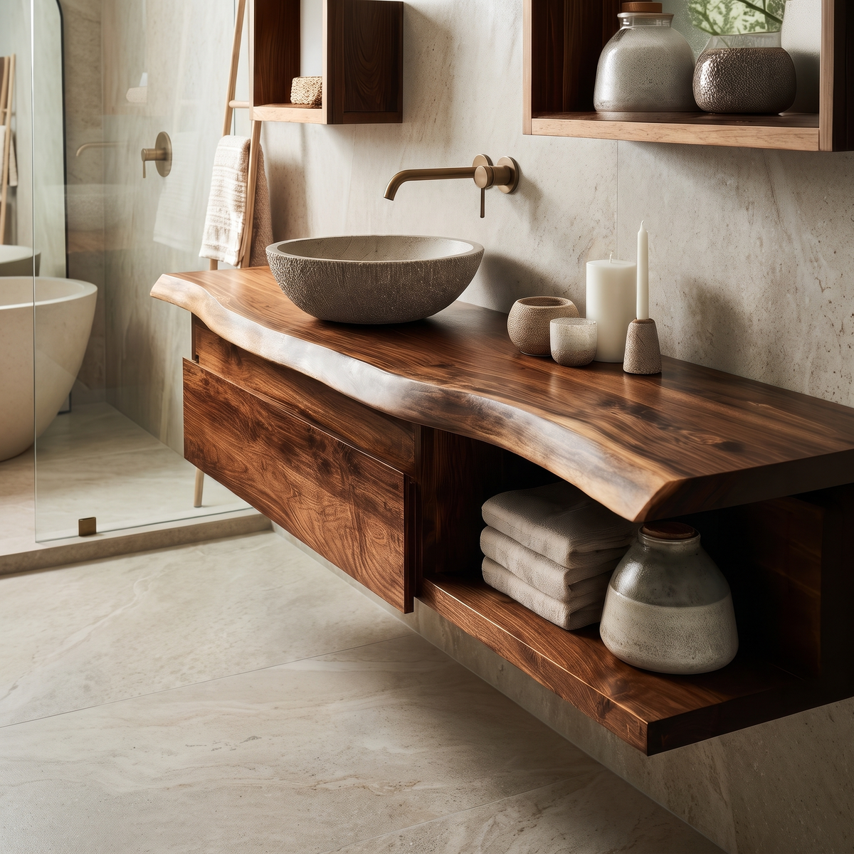 Floating Live Edge Hardwood Vanity with Drawers and Open Shelf in Brown finish