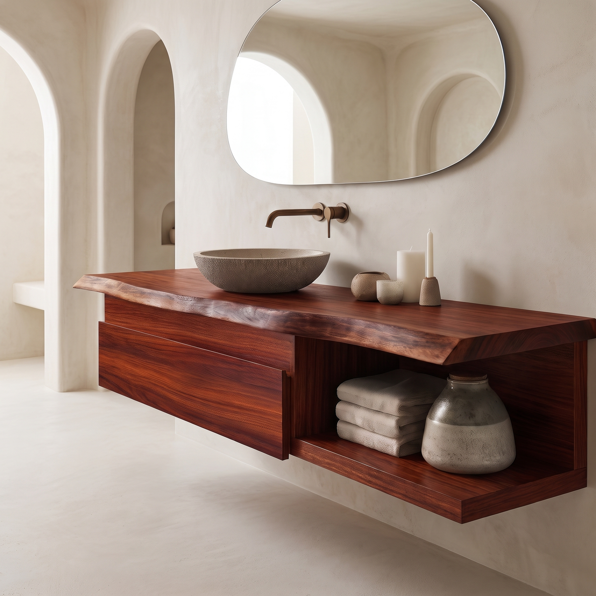 Floating Live Edge Hardwood Vanity with Drawers and Open Shelf in Mahogany finish