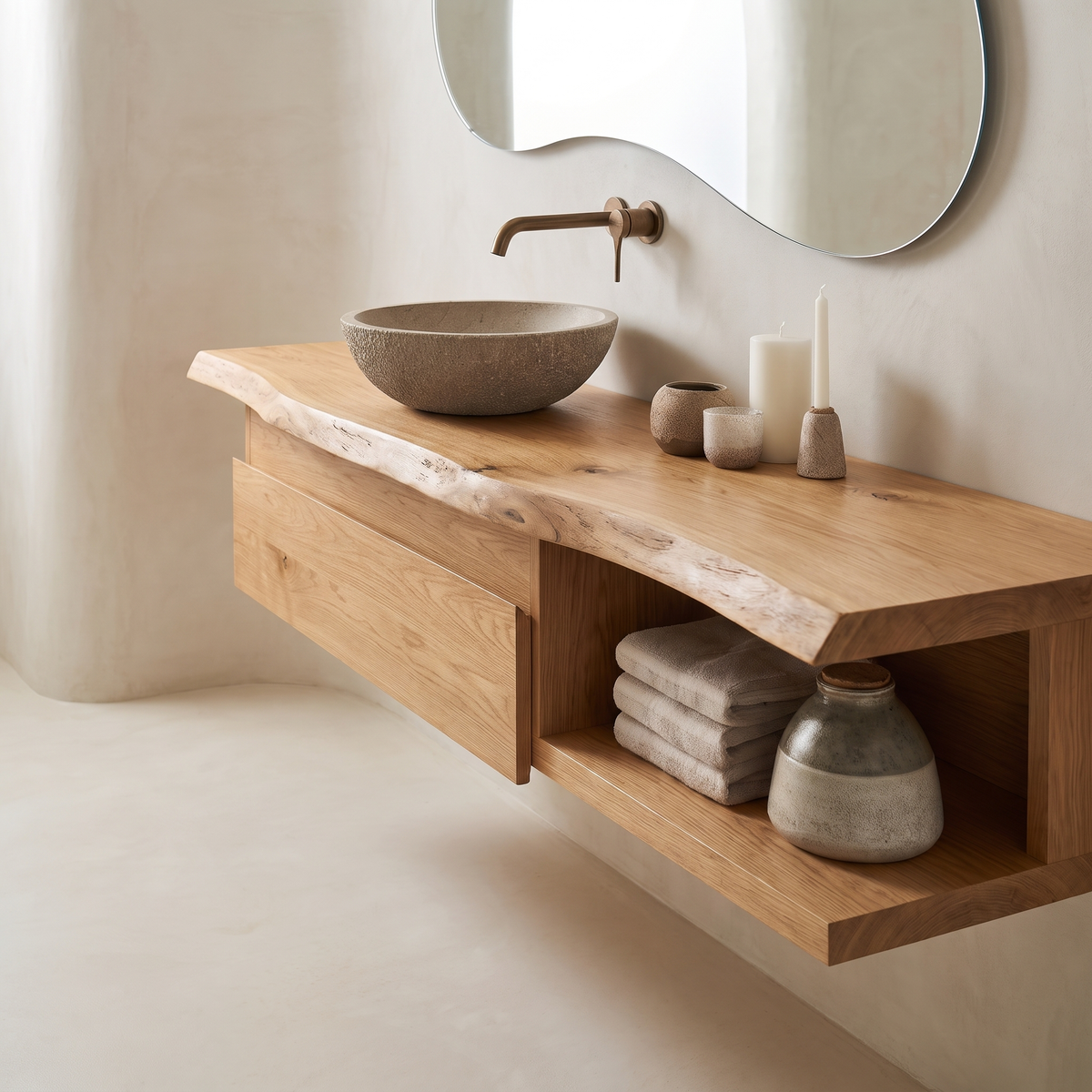 Floating Live Edge Hardwood Vanity with Drawers and Open Shelf in Natural Oak finish