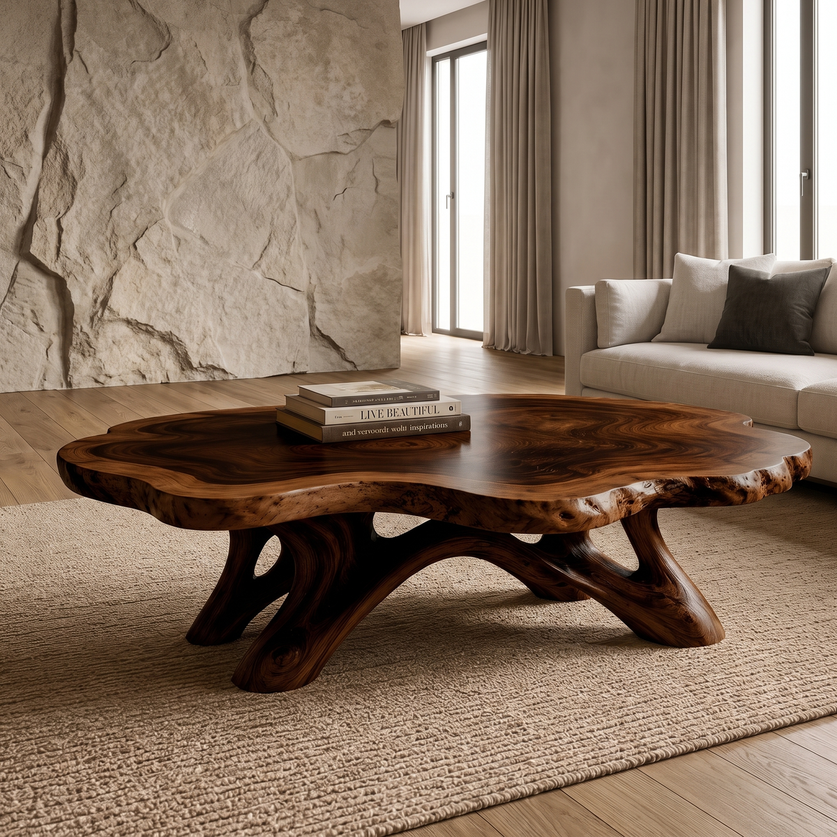 Solid Hardwood Coffee Table with Natural Edge Top and Arched Root Base in Dark Walnut finish