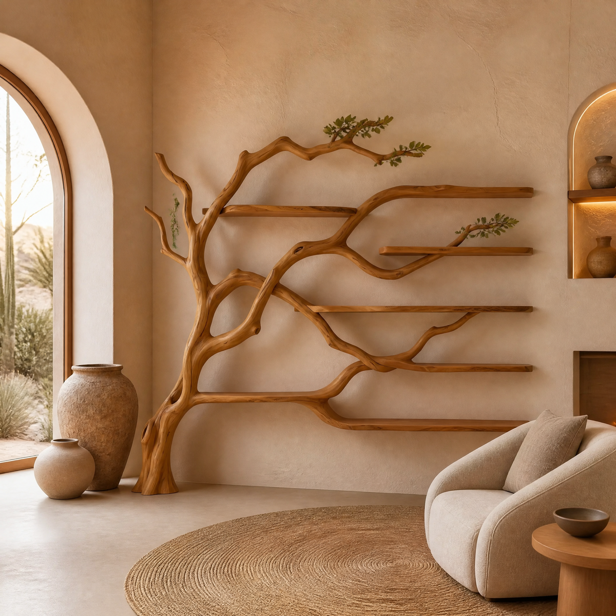 Solid Wood Tree Bookshelf with Wide Sculpted Branch Shelves in Teak finish