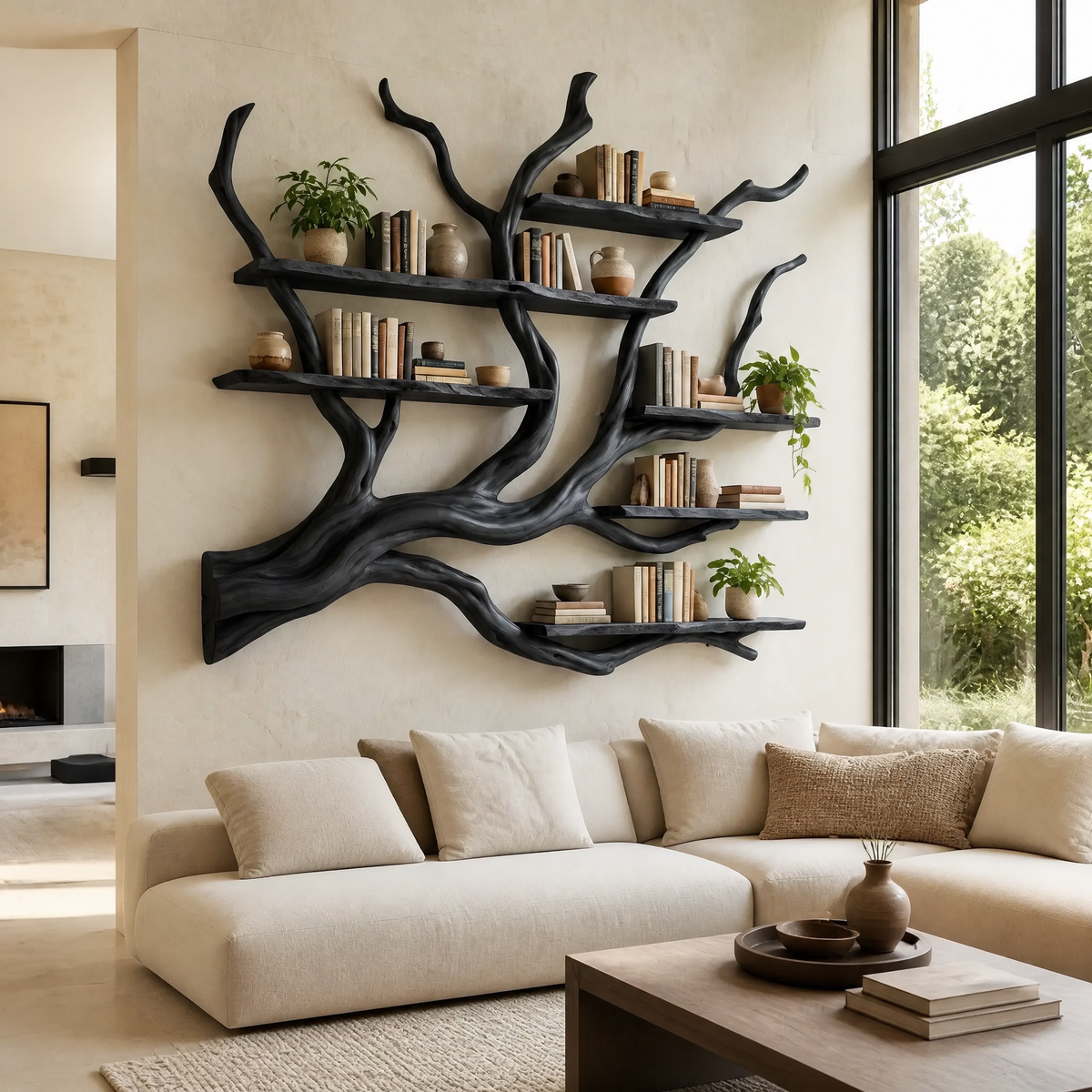 Solid Hardwood Floating Tree Bookshelf with Branching Canopy in Black finish