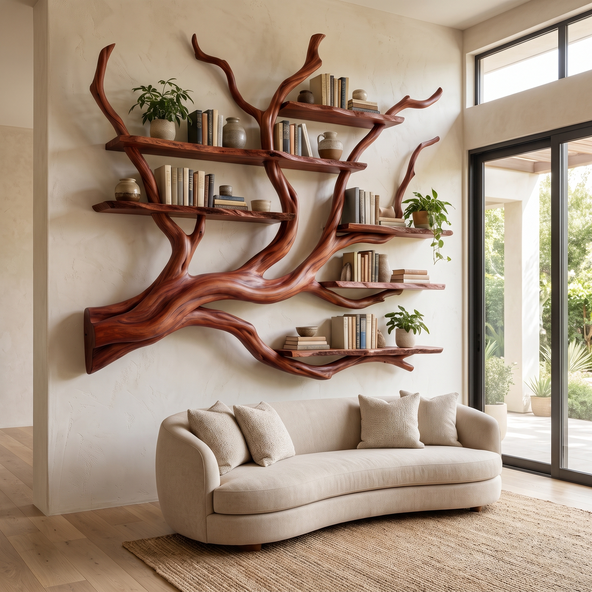 Solid Hardwood Floating Tree Bookshelf with Branching Canopy in Mahogany finish