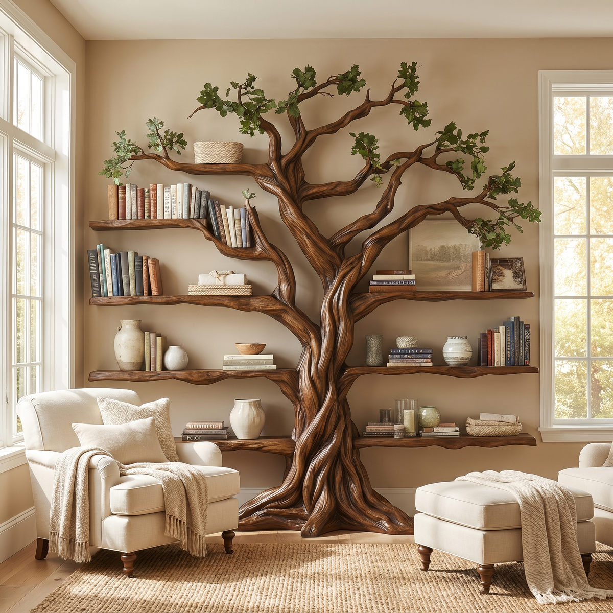 Ancient Tree Solid Hardwood Bookshelf with Bark-Carved Trunk in Brown finish