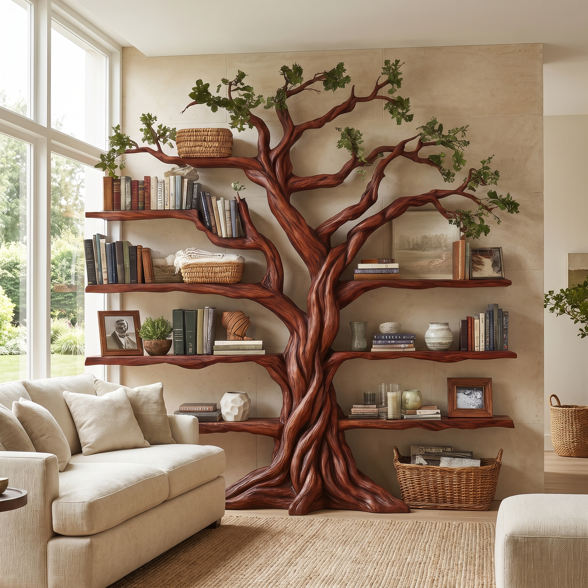 Ancient Tree Solid Hardwood Bookshelf with Bark-Carved Trunk in Mahogany finish