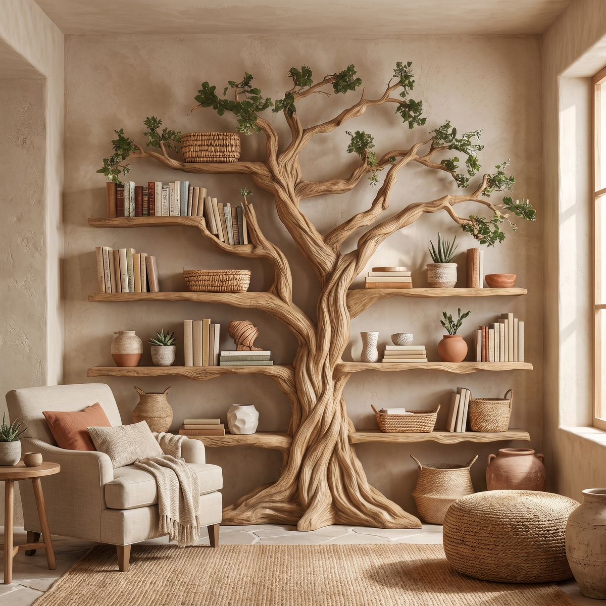 Ancient Tree Solid Hardwood Bookshelf with Bark-Carved Trunk in Natural Oak finish