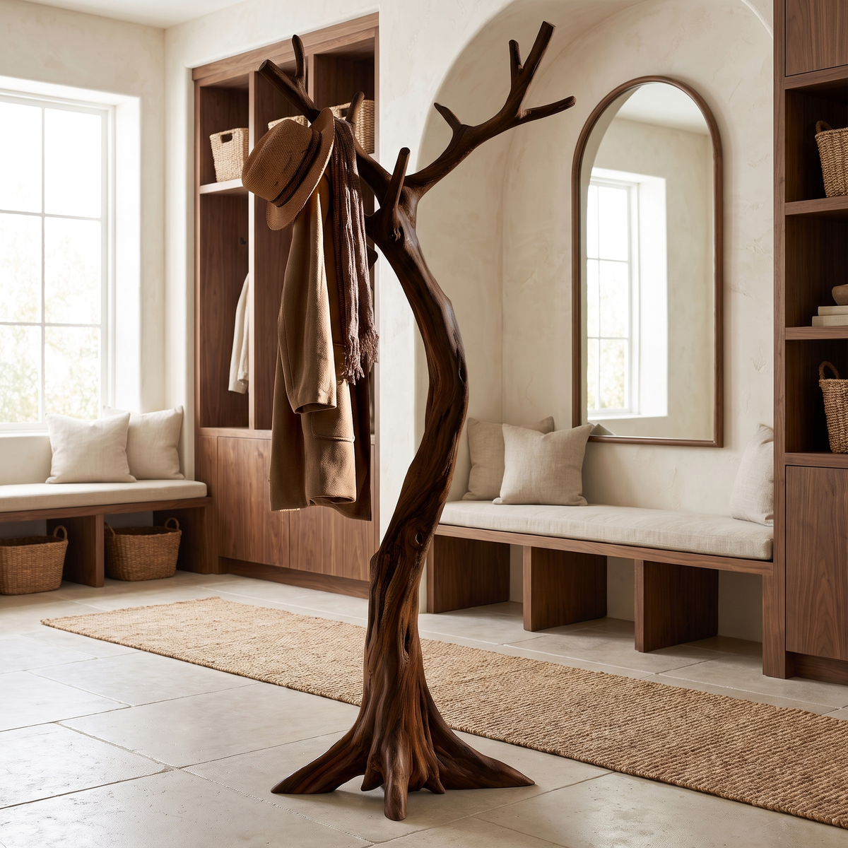 Sculpted Solid Hardwood Tree Coat Rack with Curved Trunk in Dark Walnut finish