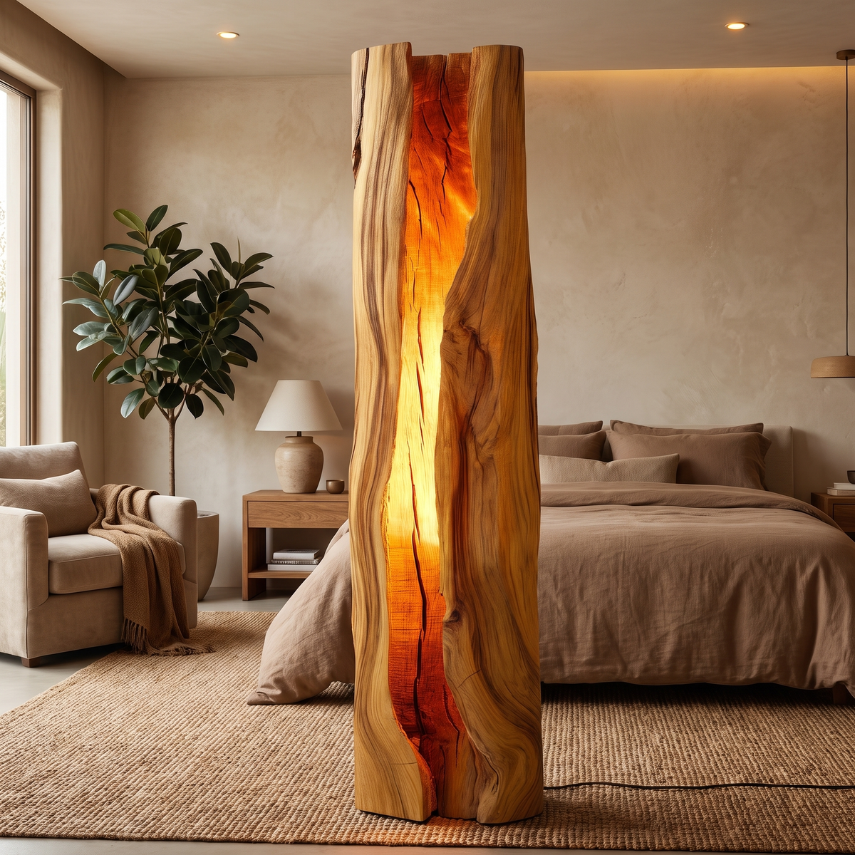 Live Edge Solid Wood Floor Lamp with Integrated LED Center Split in Teak finish