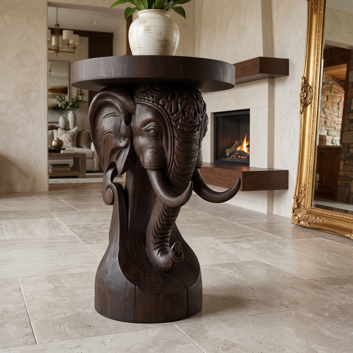 Elephant Carved Solid Hardwood Pedestal Stand with Round Top in Dark Walnut finish