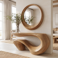 Sculpted Solid Wood Console Table with Wave Asymmetrical Base in Natural Oak finish