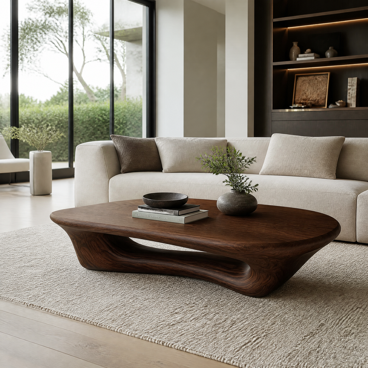Sculpted Solid Wood Loop Base Coffee Table with Rounded Top in Dark Walnut finish