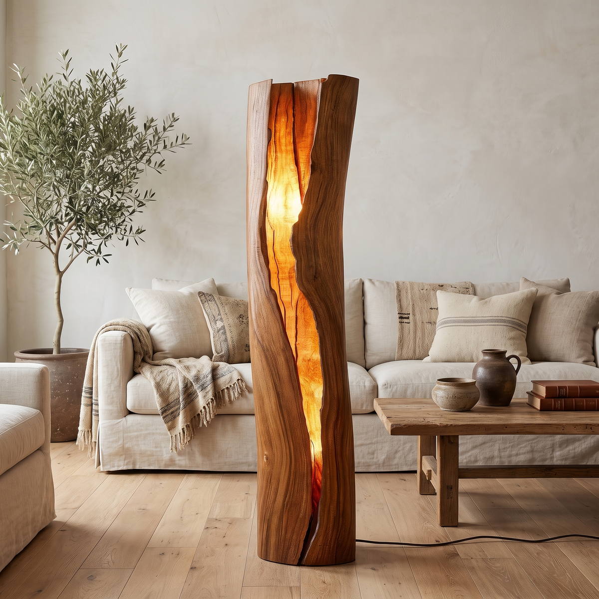 Live Edge Solid Hardwood Floor Lamp with Integrated LED Fissure in Brown finish