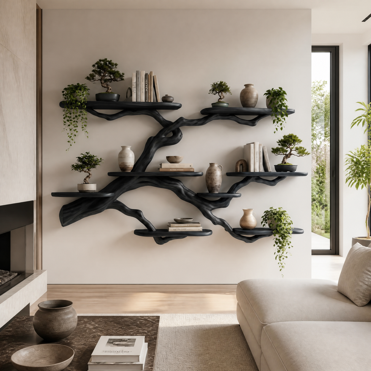 Solid Hardwood Floating Tree Bookshelf with Wide Branching Shelves in Black finish