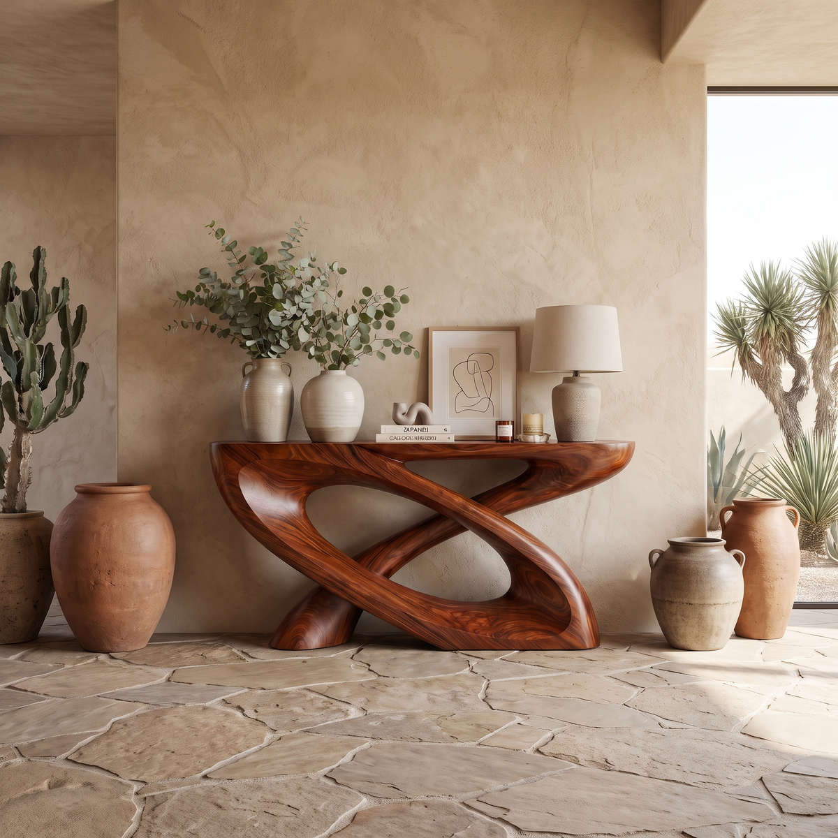 Sculpted Solid Hardwood Console Table with Looped Pedestal Base in Mahogany finish